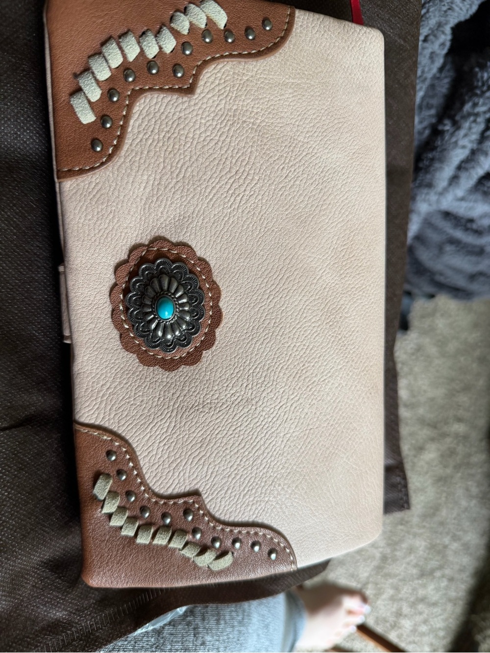 Cream and Brown Crossbody Wallet with Turquoise Concho
